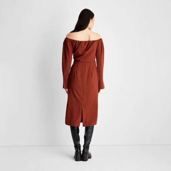 Future Collective Reese Blutstein Off Shoulder Long Sleeve Midi Dress in Rust 14 - Picture 2 of 11
